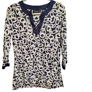 Jones New York Navy Blue & White Semi-Sheer Chain Link Tunic Top Size M